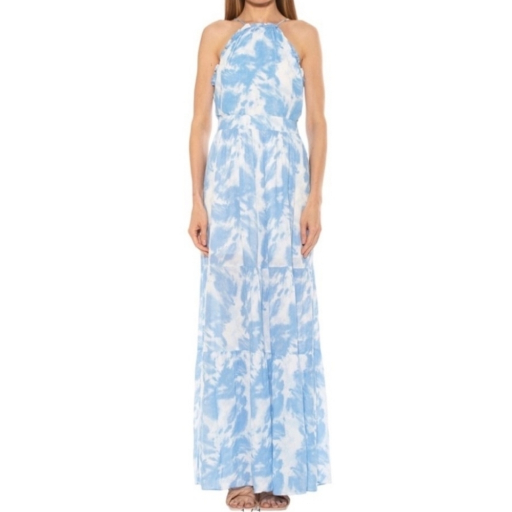 ALEXIA ADMOR Size 14 Blue White Apron Halterneck Open Back Tiered Maxi Dress NWT - Picture 7 of 14